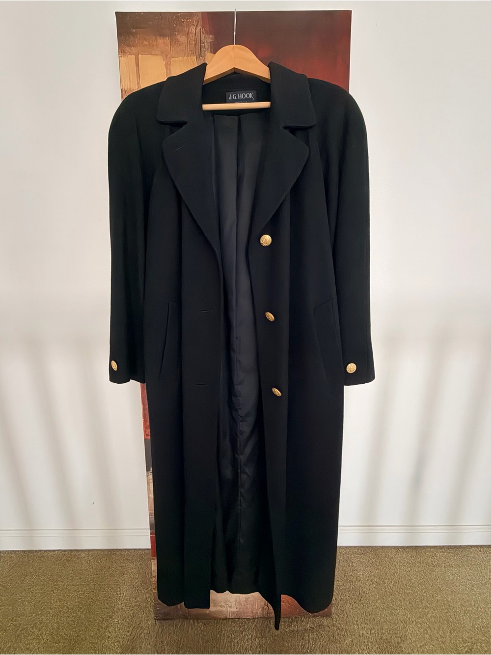 🍁 JG HOOK Vintage Women's Black Long 100% Wool Coat with Gold Buttons (Size 6) - Picture 6 of 7